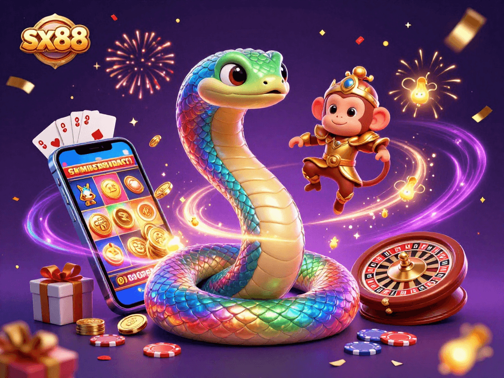 SX88 brings excitement to gambling with vibrant 3D illustration of a colorful scene featuring a rainbow serpent, a monkey king, and thrilling game elements.