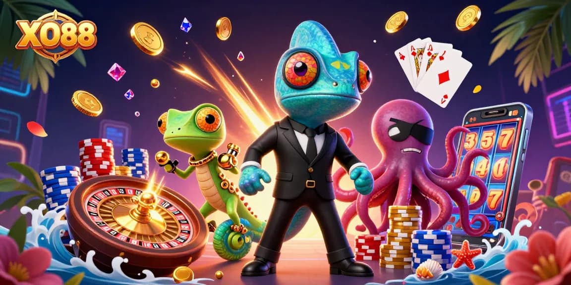 Engage with XO88's thrilling 3D casino adventure featuring a secret agent chameleon and vibrant gaming elements.