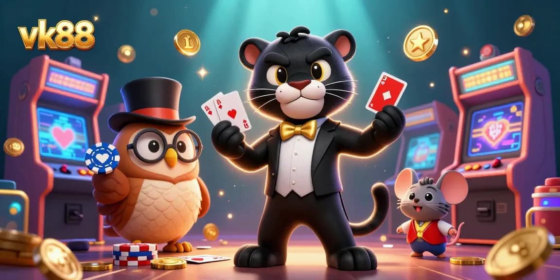 Engaging scene at vk88 casino with a panther dealer, owl with chips, and lucky mouse.