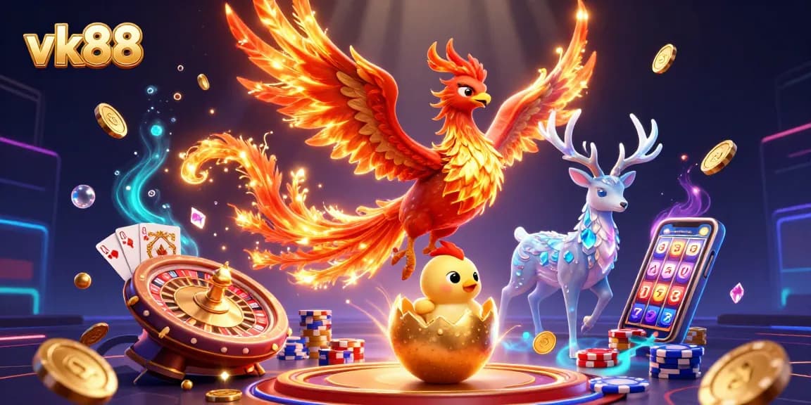 Win big at vk88 with a vibrant 3D illustration of a phoenix, casino elements, and a mystical stag.