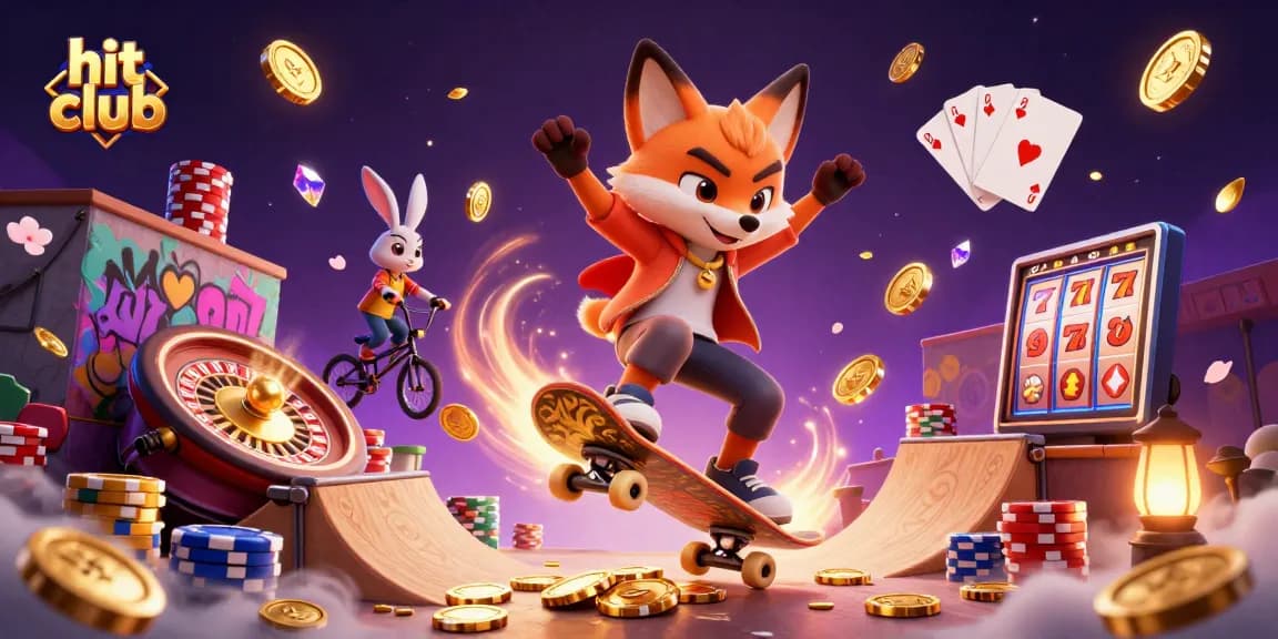 Experience thrilling action at hit club with a vibrant scene featuring cartoon characters and casino elements.