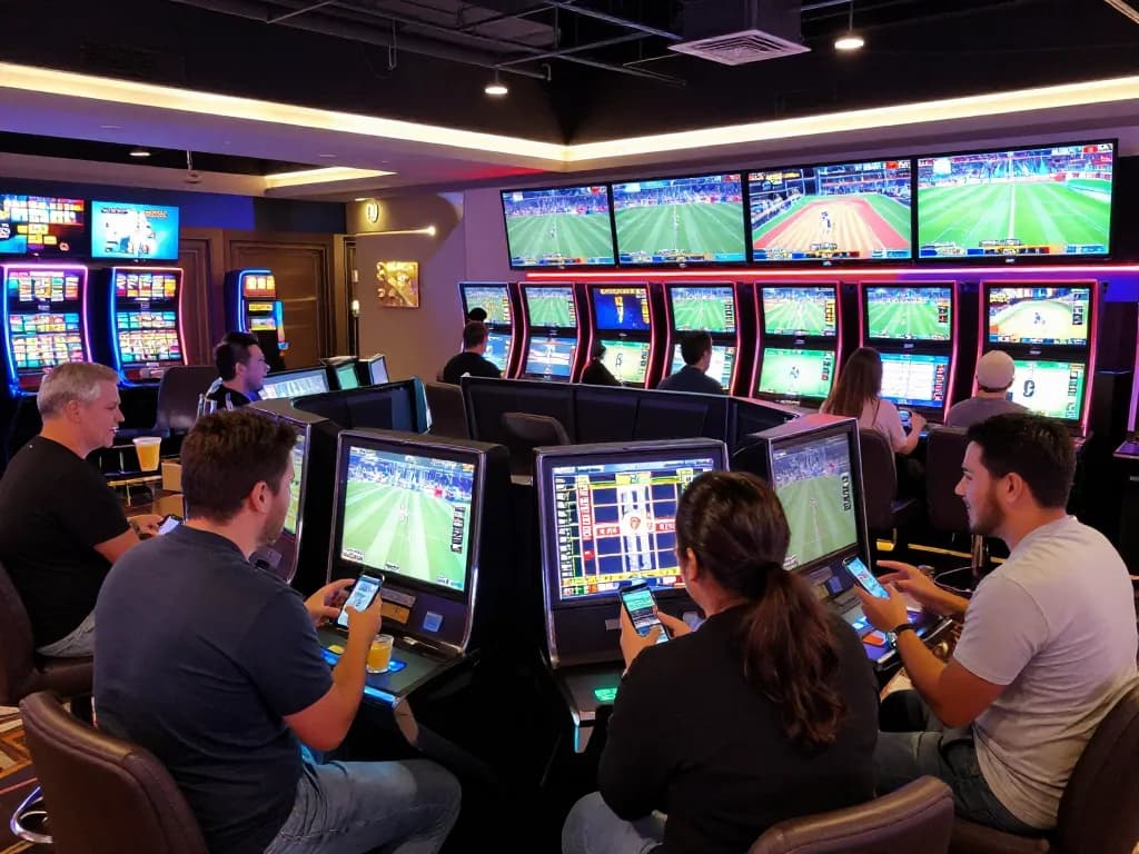 Betting on sports at a modern casino with debet options, vibrant atmosphere and excited bettors