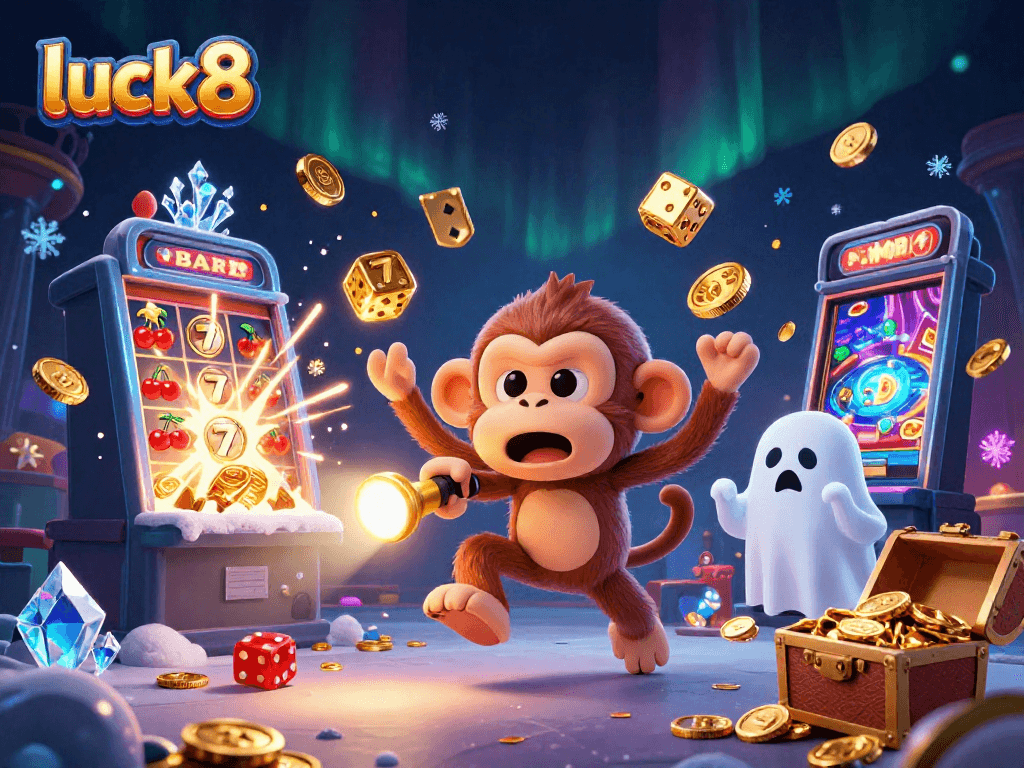 Win big daily at luck8 with a playful poltergeist juggling casino treasures in a haunted setting.