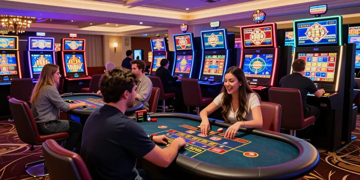 Exciting gaming atmosphere featuring players at credit card casinos with vibrant slots and tables
