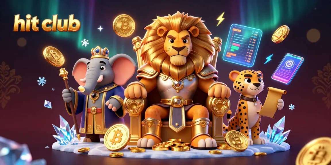 Experience thrilling wins at Hit Club with a lion king, elephant advisor, and cheetah messenger in a vibrant casino setting.