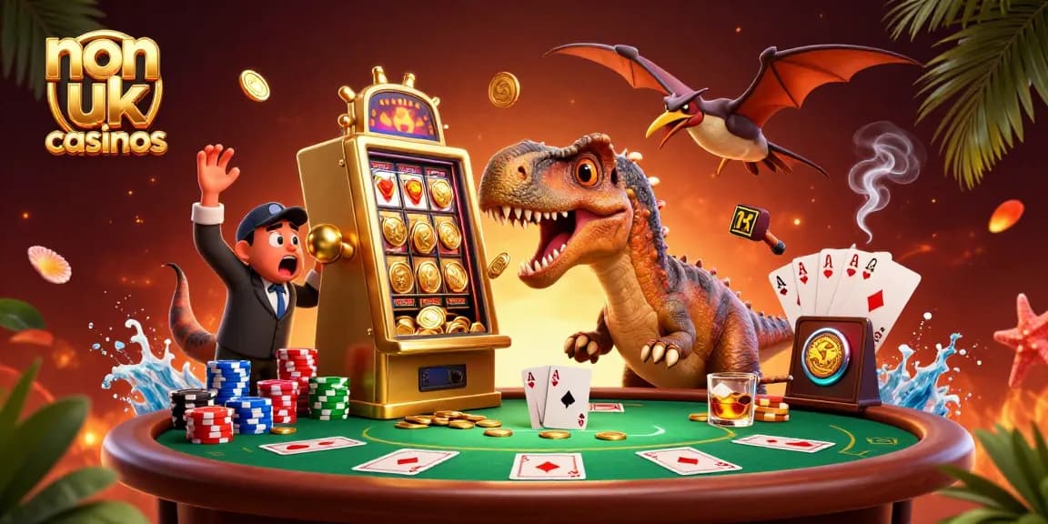 Engaging scene showcasing non UK casinos with a dinosaur celebrating jackpot wins at a golden slot machine.