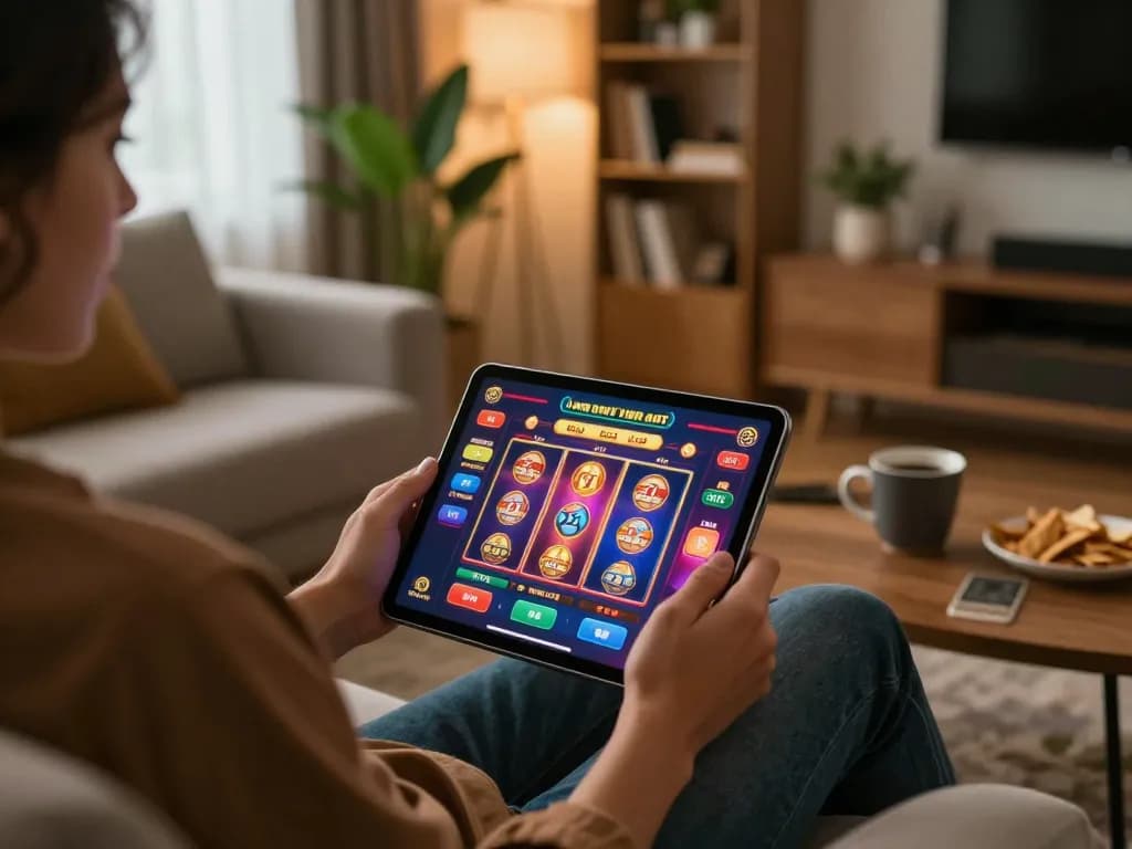 Engaging online gaming experience at https://play-hbet.com/ with tablet displaying exciting slot machine in cozy living room.