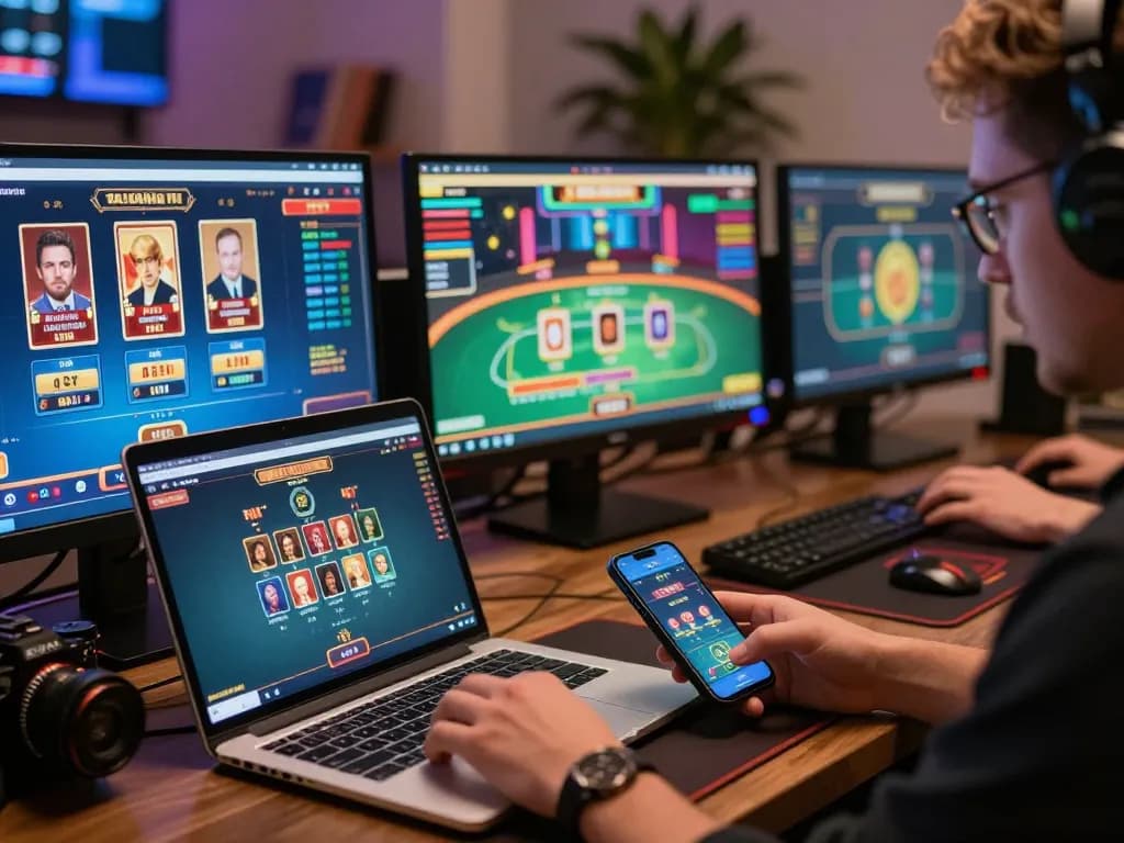 Xo88 player engaged in strategic online gaming using multiple devices, showcasing a modern gaming setup