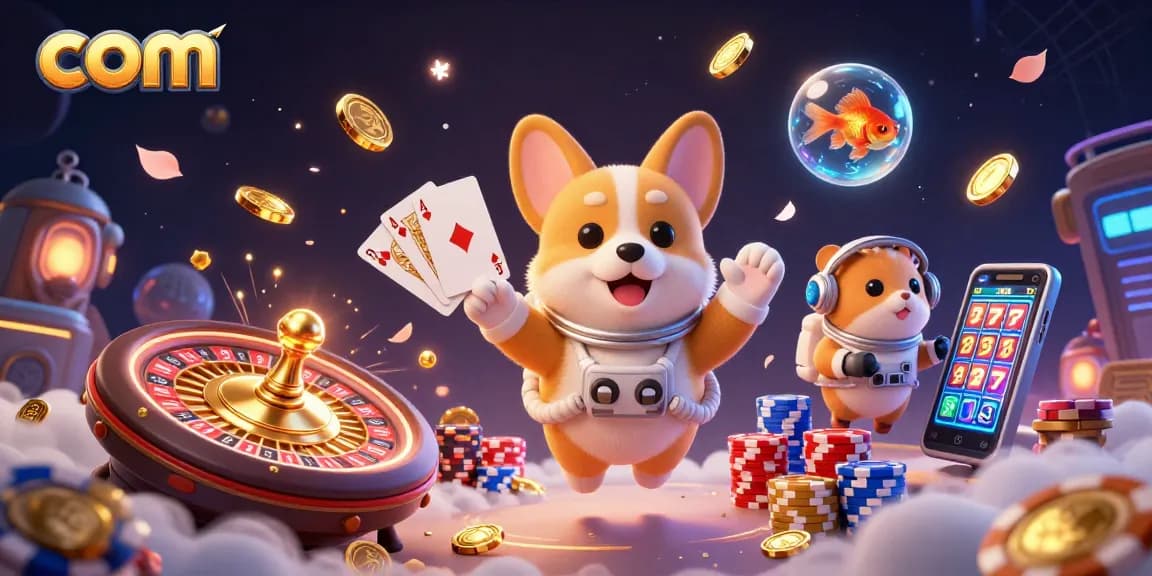 Engage with com's vibrant space casino scene, featuring a playful corgi and swirling poker chips for thrilling fun.