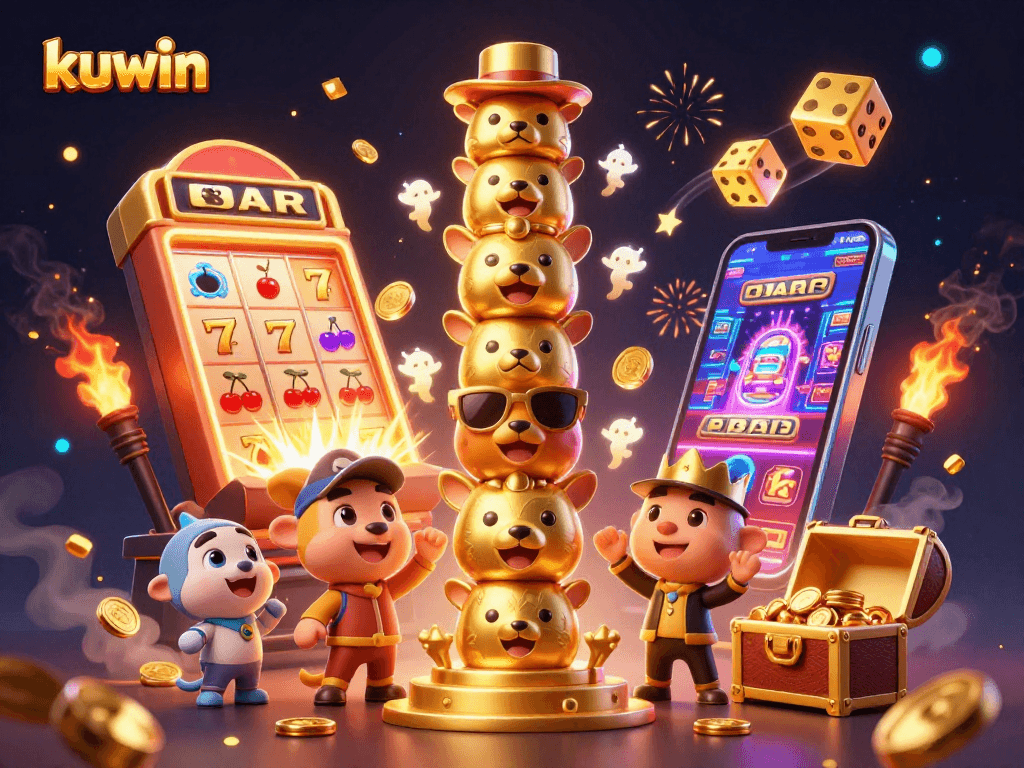 Kuwin offers a vibrant casino experience with an exciting slot machine burst and energetic characters.