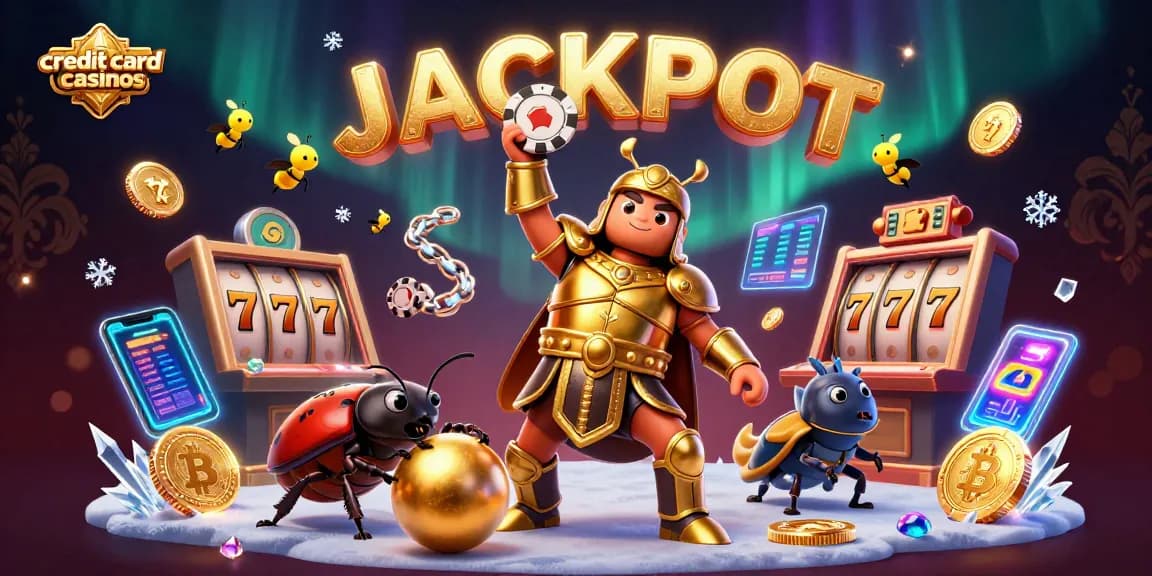 Engage with credit card casinos featuring a victorious beetle lifting a poker chip surrounded by winning symbols.