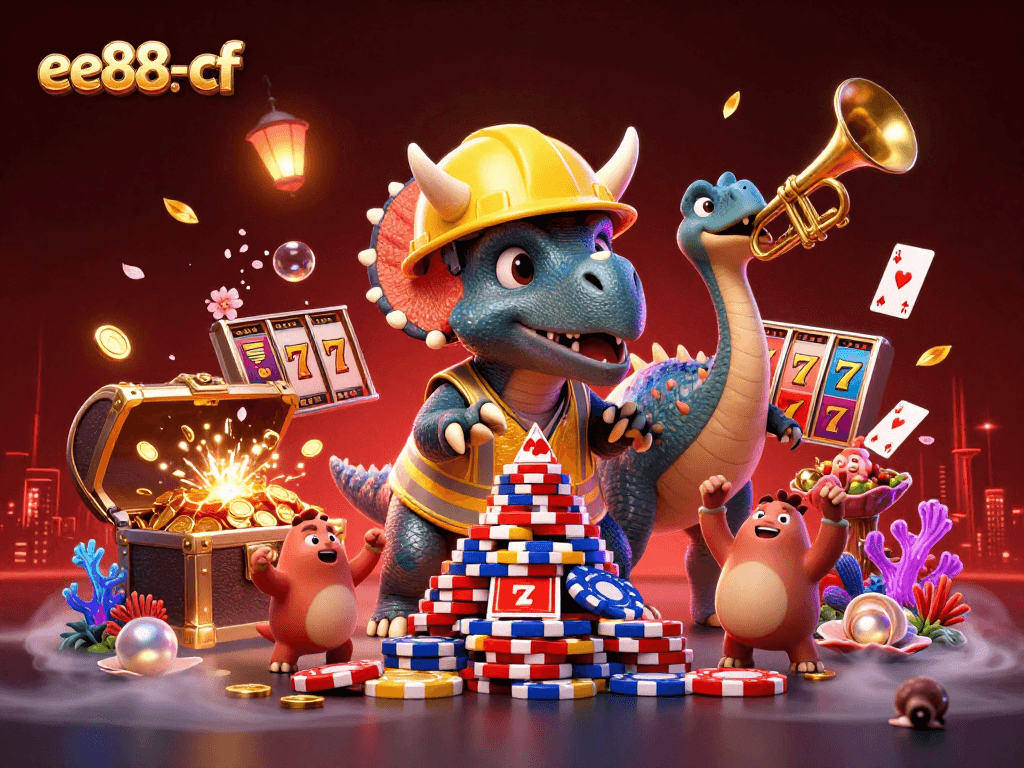 Experience ee88-cf excitement with a 3D illustration of a triceratops building poker chip pyramids amidst vibrant casino elements.