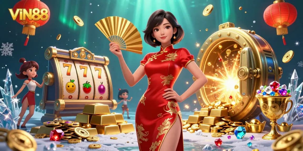 Engage with VIN88's vibrant slots scene featuring shimmering gold and dynamic elements.