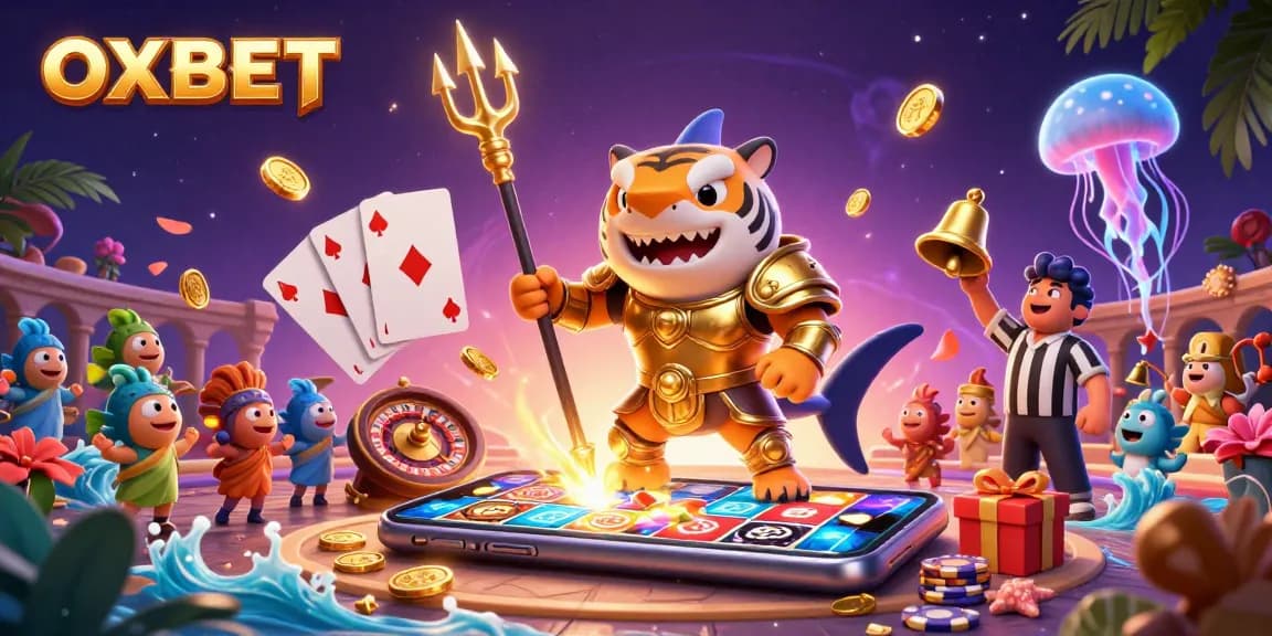 Experience the excitement of OXBET with a dynamic scene depicting a tiger shark and lively casino elements.