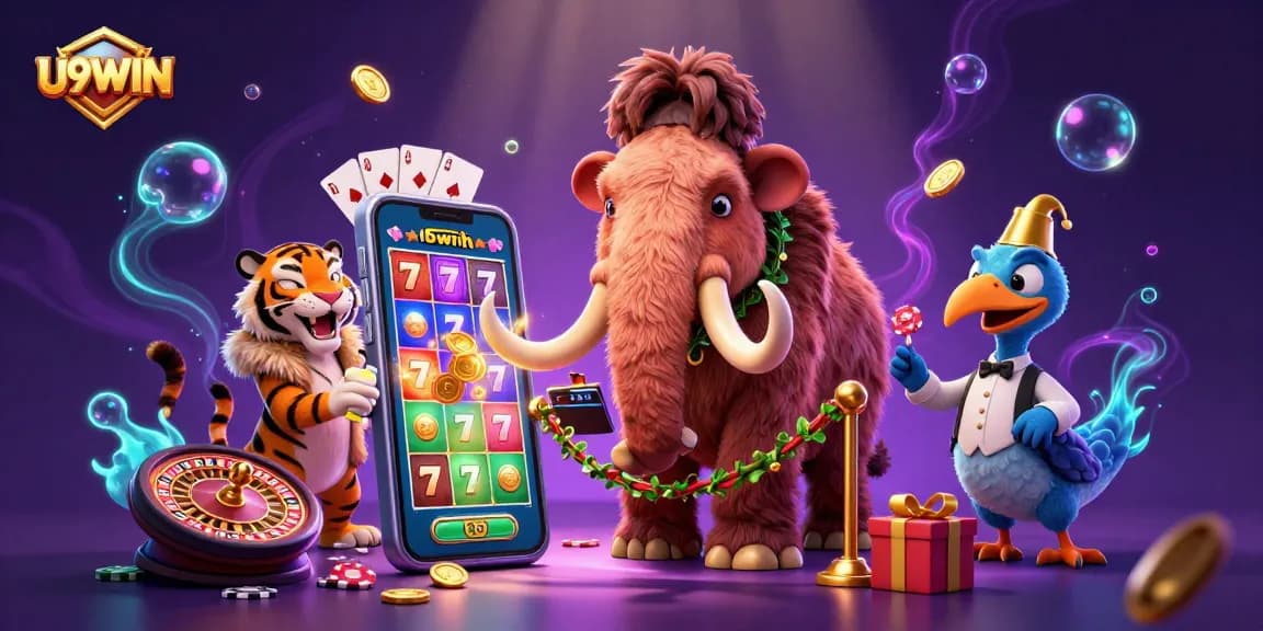 Experience U9WIN with a lively 3D casino scene featuring unique characters and vibrant gaming elements.
