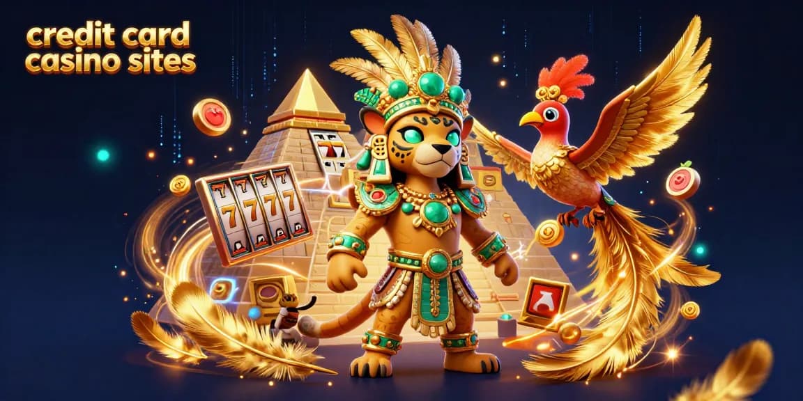 Experience the excitement of credit card casino sites with this lively 3D illustration featuring a majestic jaguar priest and slot reels.