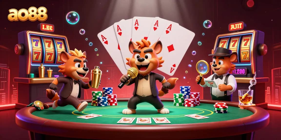 ao88 showcases a lively comedy casino club scene filled with colorful gaming elements and hyena characters.
