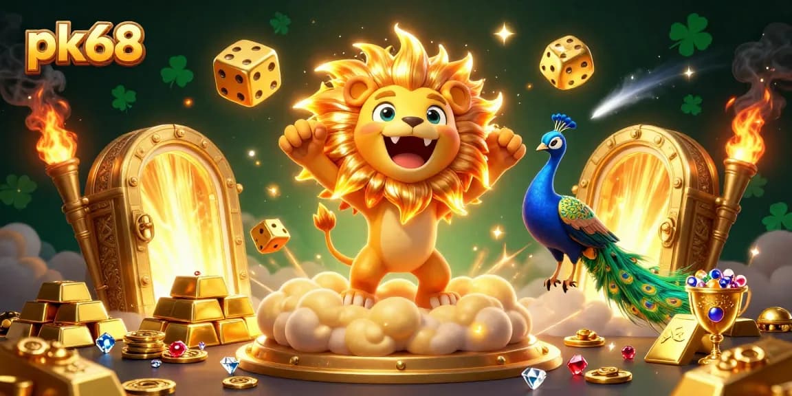 Experience thrilling gaming with pk68's vibrant casino-themed illustration, showcasing epic wins and treasures.