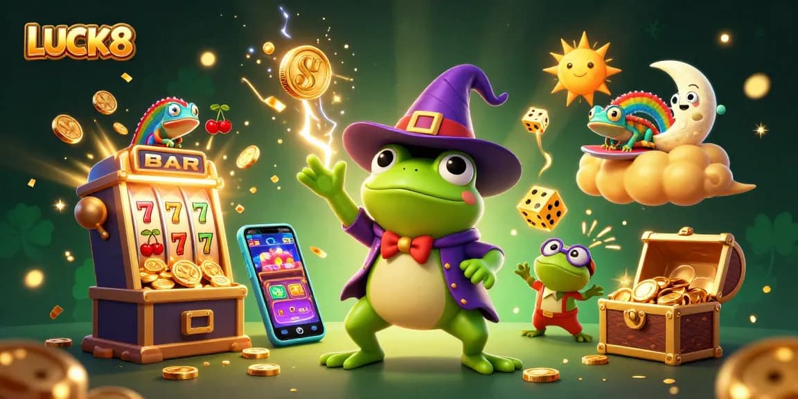 Experience thrills at LUCK8 with golden coins and vibrant casino elements in this 3D digital illustration.