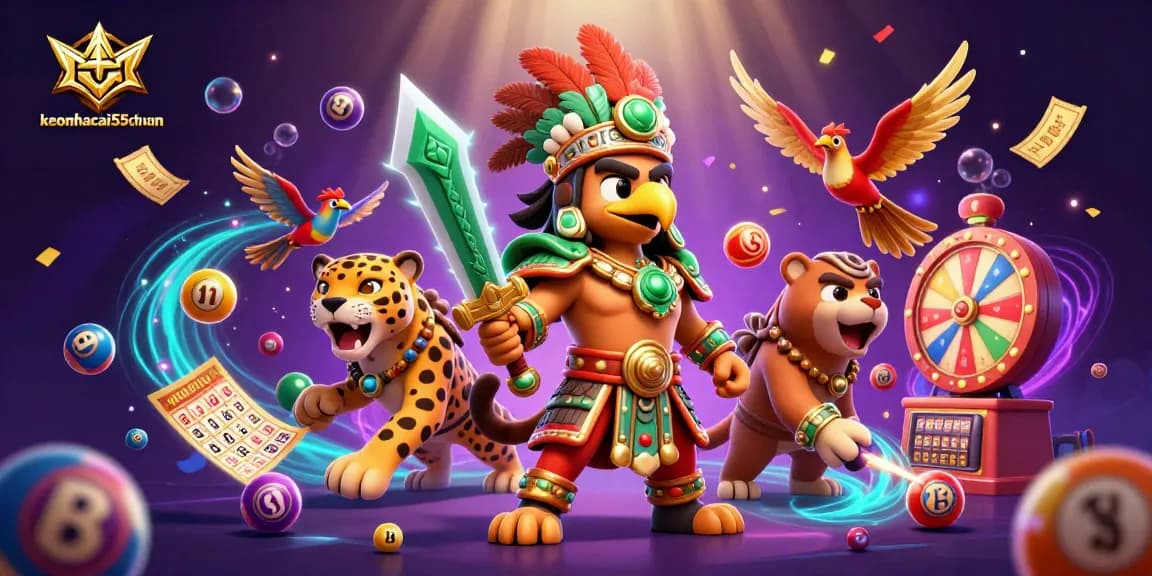 Experience the excitement of keonhacai55chuan with vibrant lottery balls and Aztec warriors in action.