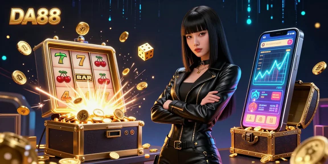 Experience the excitement of DA88 with a stunning Asian woman in a futuristic casino scene, surrounded by slot machines and rich visual effects.