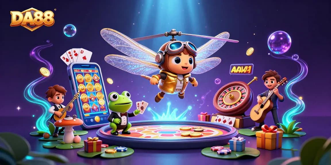 Engage in thrilling gameplay at DA88 casino with a vibrant dragonfly pilot, frog dealer, and jazz musicians.