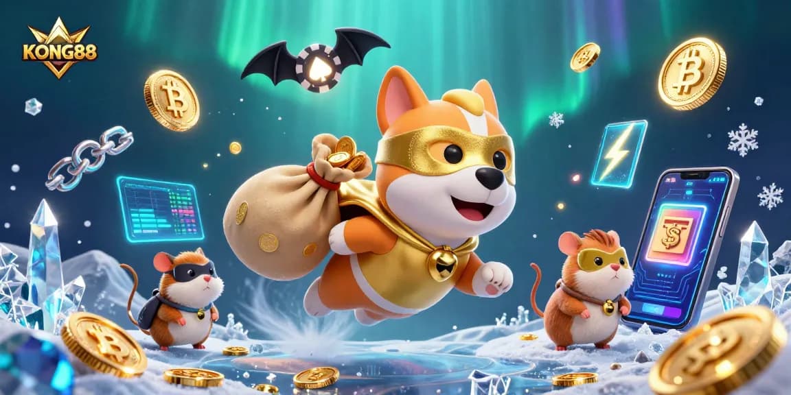 Engage with KONG88's vibrant 3D scene featuring a superhero dog and crypto elements.