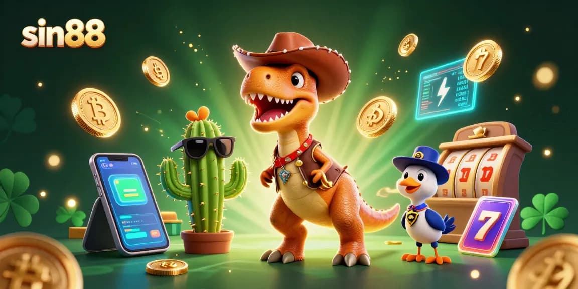 Experience thrilling casino games at sin88 with a vibrant scene, featuring a T-Rex cowboy.