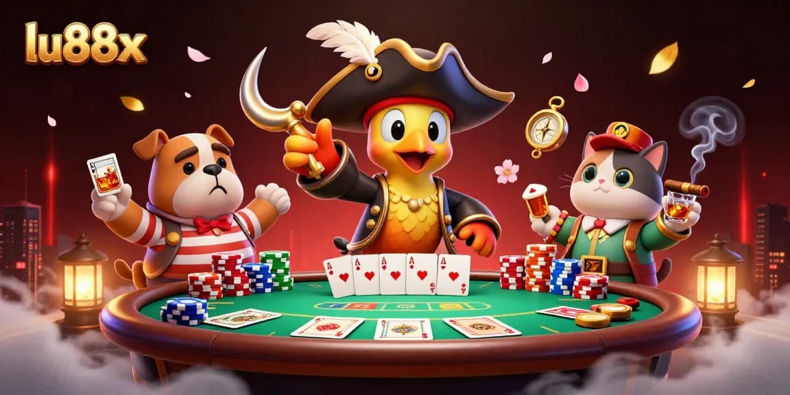 Engage in thrilling poker action with lu88x; a vibrant casino scene featuring pirate and bulldog characters.