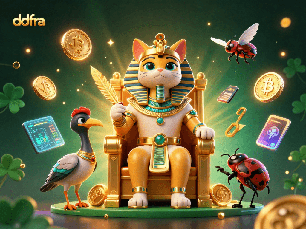 Engage with ddfra's vibrant gaming scene featuring an Egyptian pharaoh cat and crypto elements.