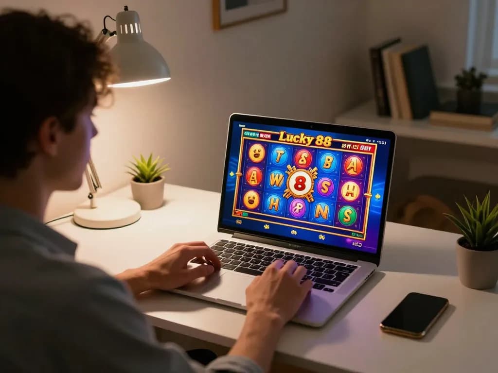 Player enjoying the Lucky 88 slot game on a laptop from cozy home, engaging in strategic online gambling