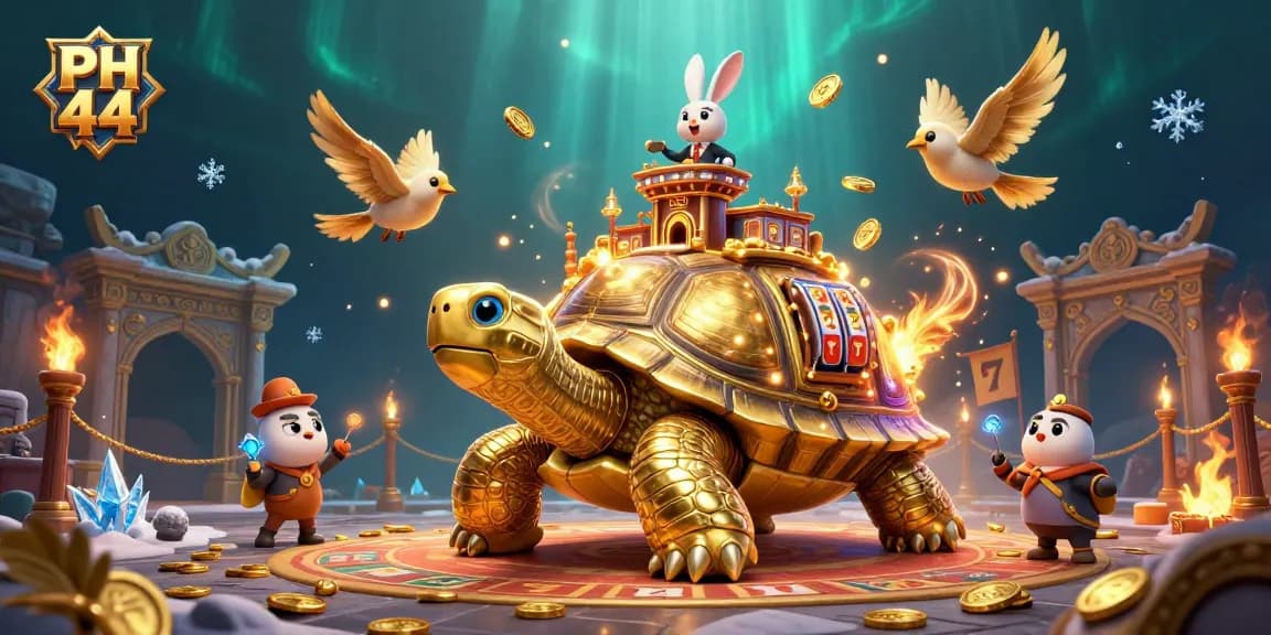 Engage in thrilling gaming action at PH 44's vibrant casino scene featuring a golden tortoise and rabbit dealer.