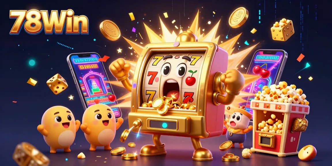 Experience thrilling jackpots with 78Win's vibrant gaming scene featuring colorful slot machines and dazzling rewards.