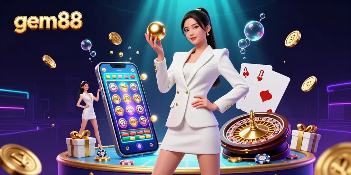Experience luxury gaming at gem88 with a stunning Asian female in high-fashion casino attire, holding a roulette ball amidst dynamic gaming elements.