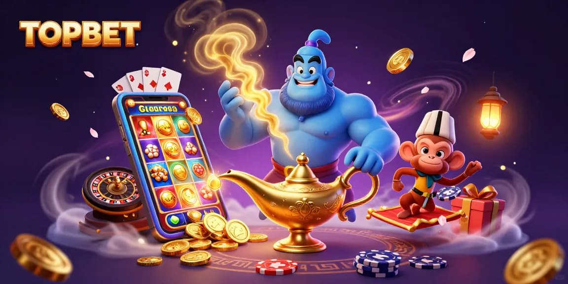 Engage in thrilling gameplay with TOPBET as a blue genie and monkey enhance the magic of casino gaming.