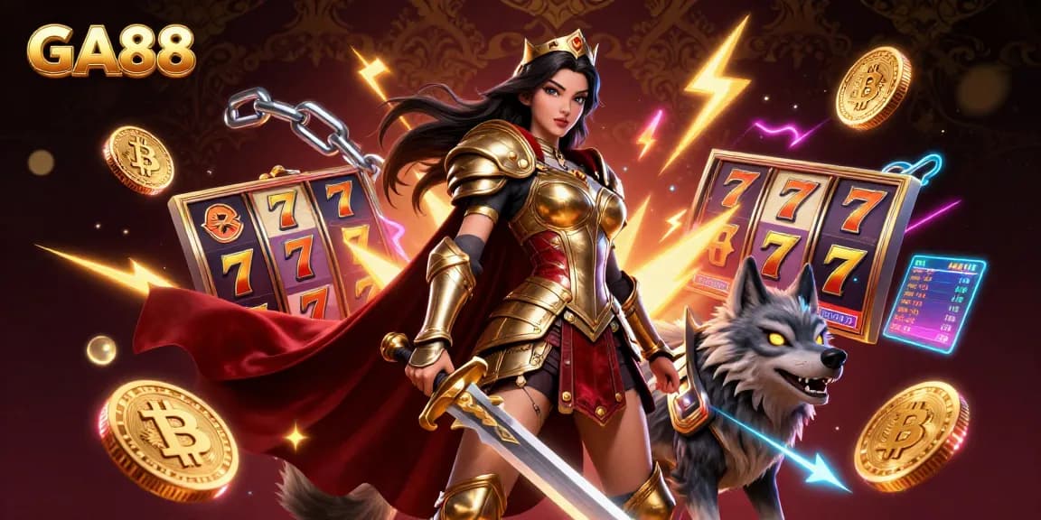 Experience winning strategies with GA88, featuring a warrior queen amidst vibrant slot reels and cryptocurrency elements.