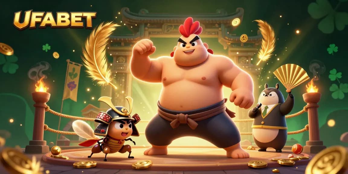 Experience thrilling gaming action at UFABET with dynamic characters, golden coins, and vibrant casino elements.