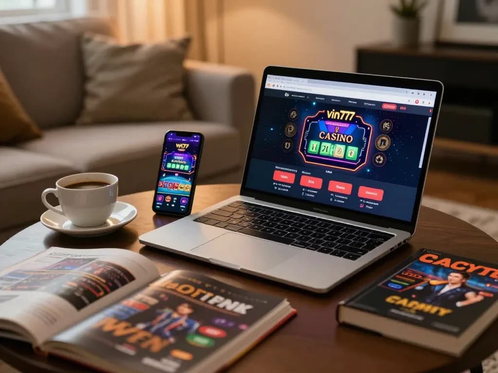 Engaged player exploring the vin777 casino interface on a sleek laptop in a cozy home environment.