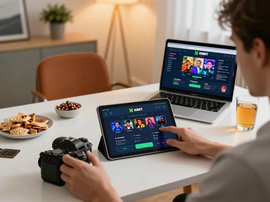 xibet online gaming app in action on a tablet in a stylish home setting with a focused player