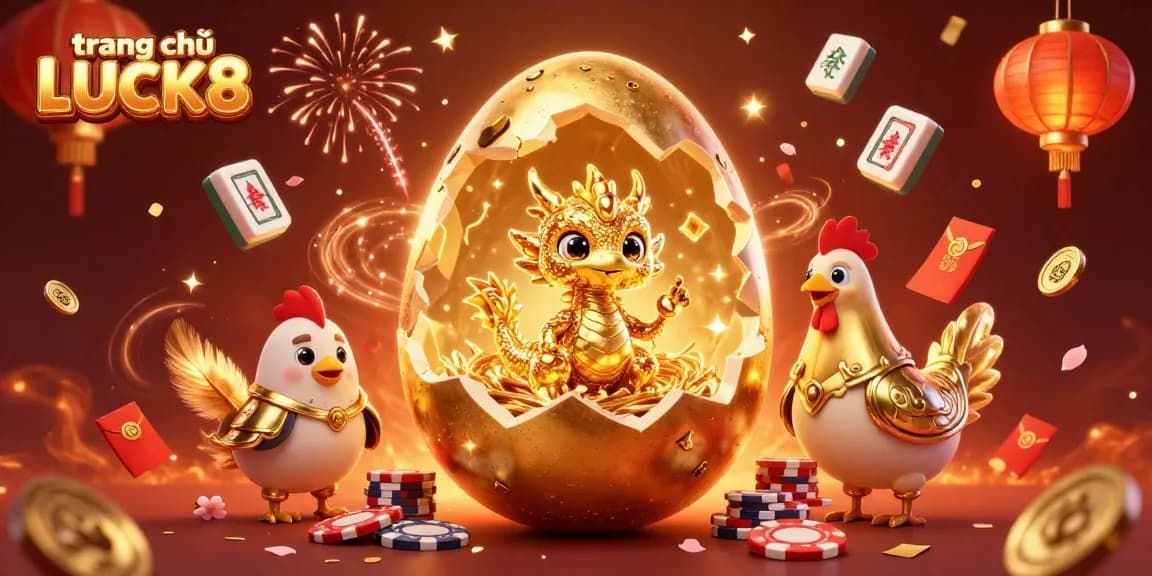 Experience the vibrant excitement at trang chủ LUCK8 with golden dragon and casino elements celebrating a winning atmosphere.