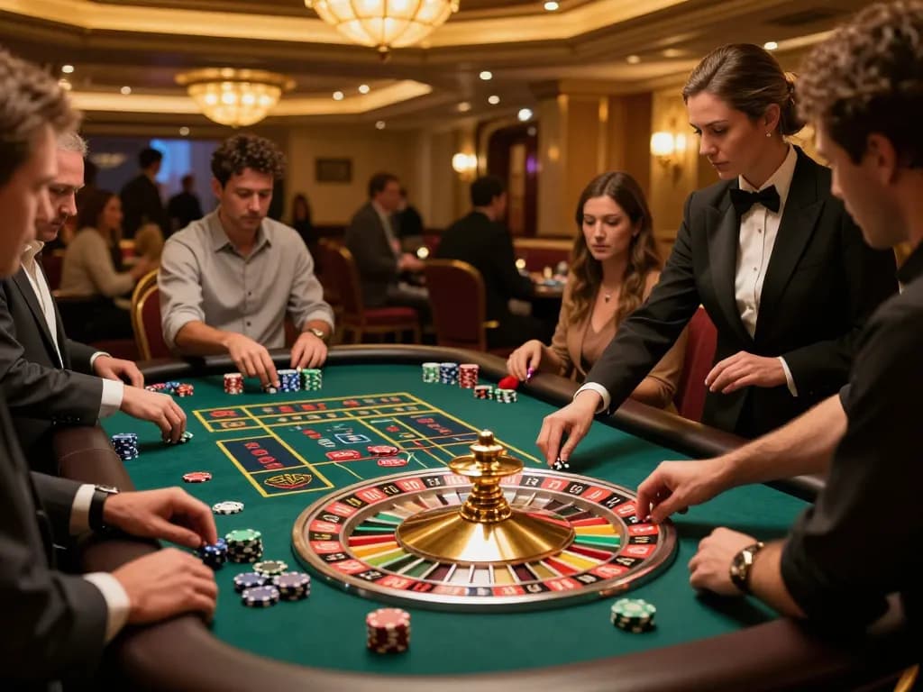 Kwin players engaged in a thrilling roulette game, strategizing bets in a vibrant casino atmosphere.