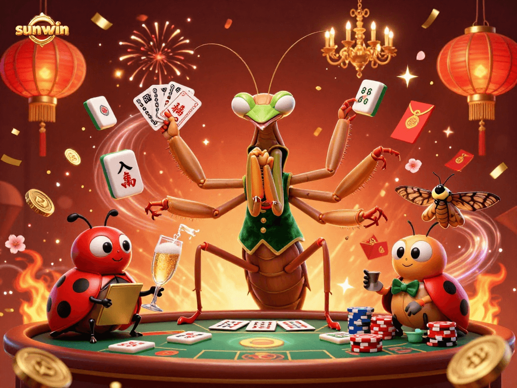 Experience the thrills of gameplay with sunwin's vibrant casino illustration featuring unique characters and festive elements.