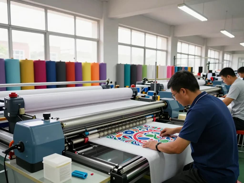 Sunwin textile manufacturing scene showcasing skilled workers and vibrant fabric rolls in a modern factory.
