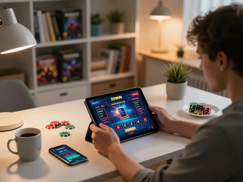 ZOWIN player engaging in online casino gaming using a tablet at cozy home setup