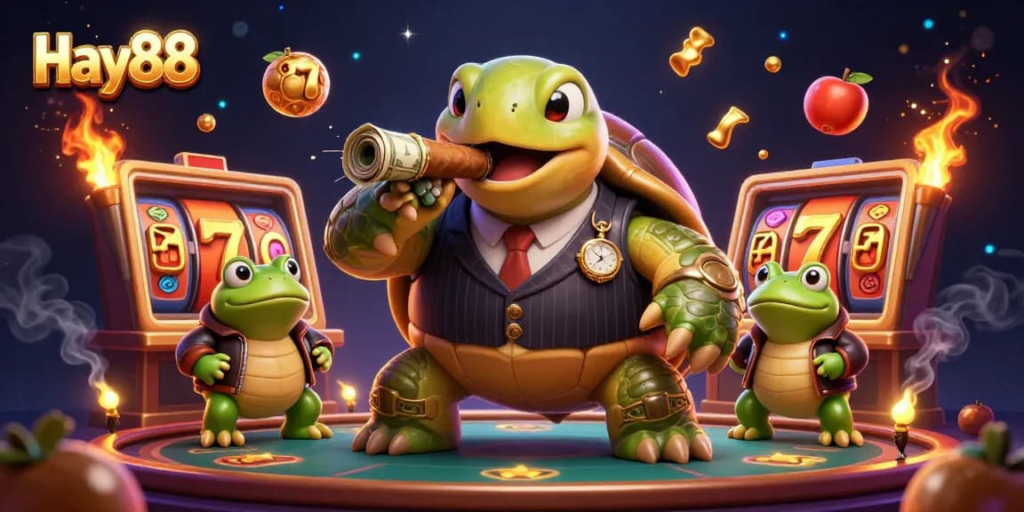 Experience Hay88's themed slots with the massive turtle mobster and bullfrog enforcers in a casino setting.