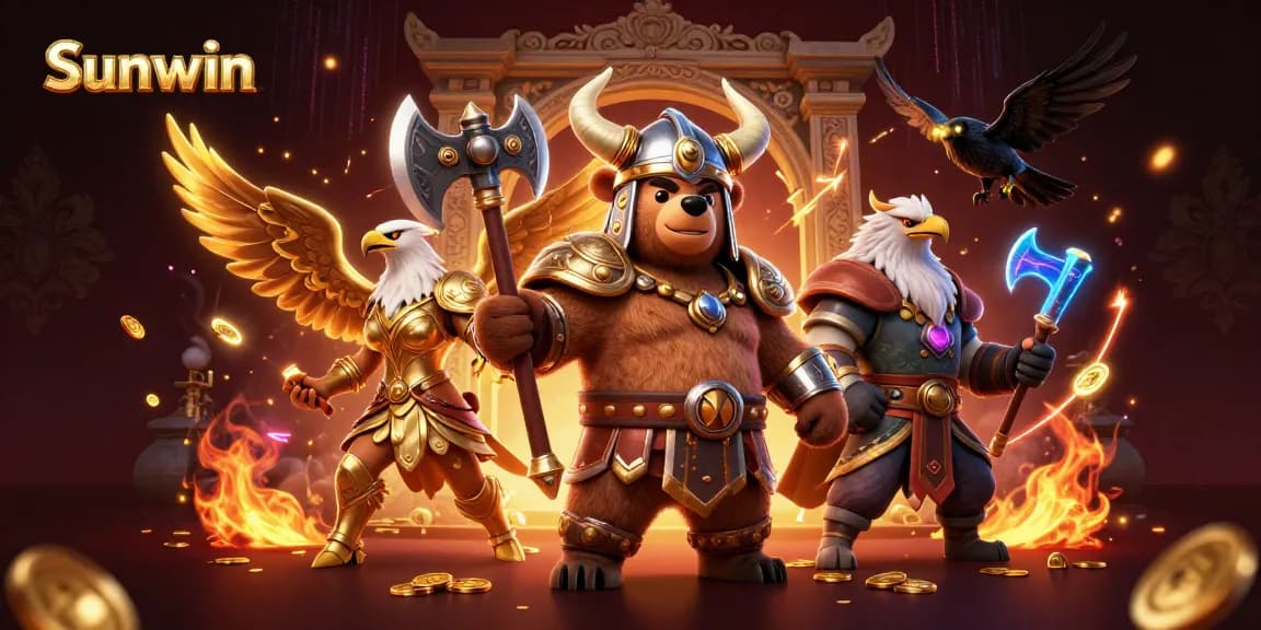 Experience exciting gaming adventures at Sunwin with vibrant casino characters and rich golden elements.