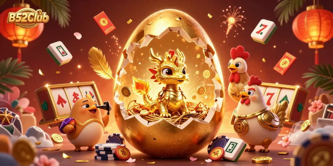 Join the fun at B52Club with a dazzling golden dragon and poker chips in a vibrant casino scene.