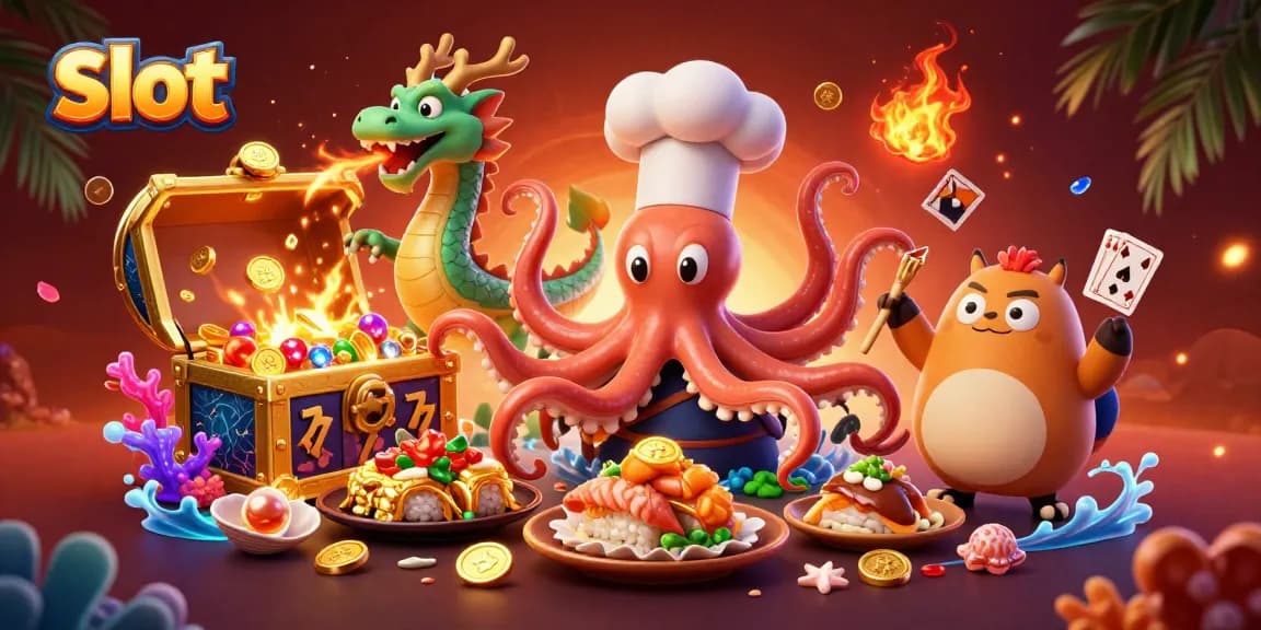 Spin slot reels with a sushi chef octopus and a dragon in a vibrant casino scene.