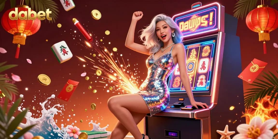 dabet offers a thrilling casino experience with a joyful woman celebrating a jackpot win in a vibrant gaming environment.