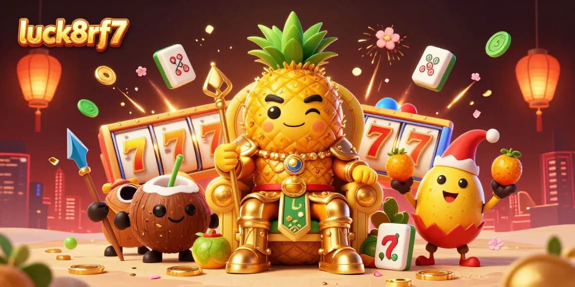 Engage with luck8rf7's vibrant online casino experience featuring a dynamic golden pineapple king and lively slot elements.